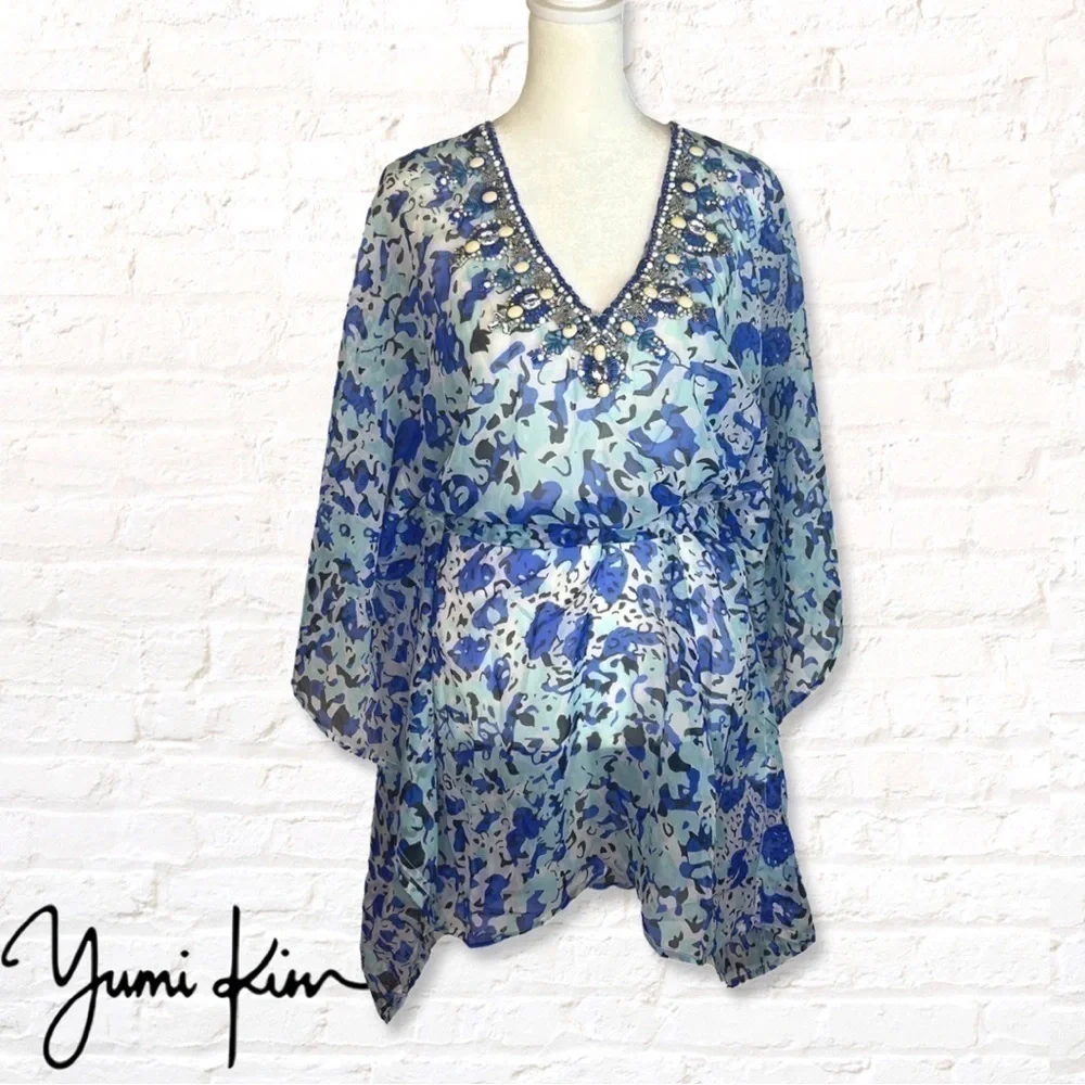 YUMI Kim exotic jungle Swim Cover Tunic kaftan Size M / L Beaded Blue